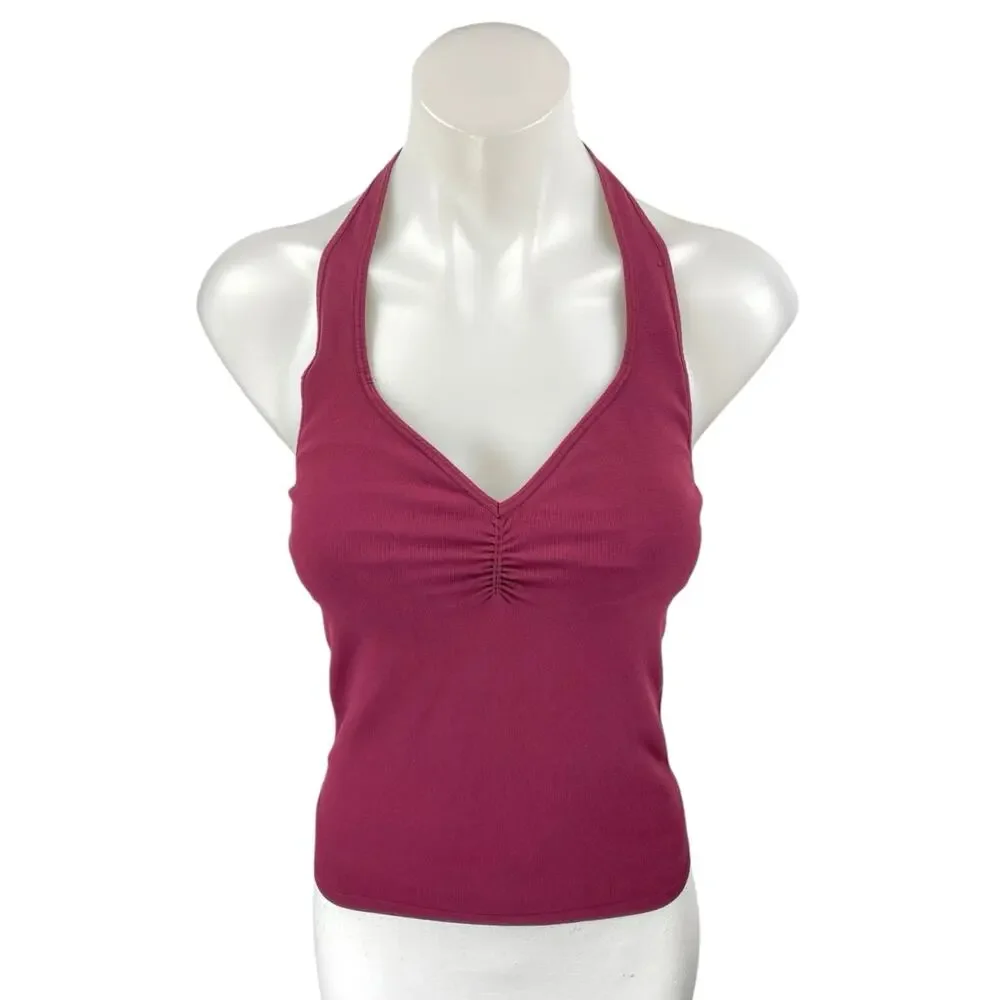 Free People Women's Maroon Ruched V-Neck Halter Cami Camisole Crop Tank Top M/L